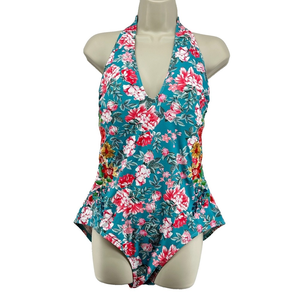 Johnny Was Floral Halter One Piece Swimsuit Embroidered Boho Size 1X Blue Pink